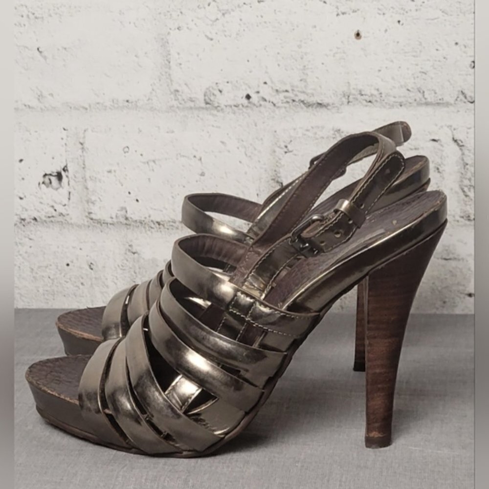 BCBG Max Azria Strappy Platform Heels Womens 7 Metallic Bronze Stiletto Sandals